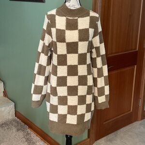 Miami Brown and Cream Checkered Sweater Dress, Size M